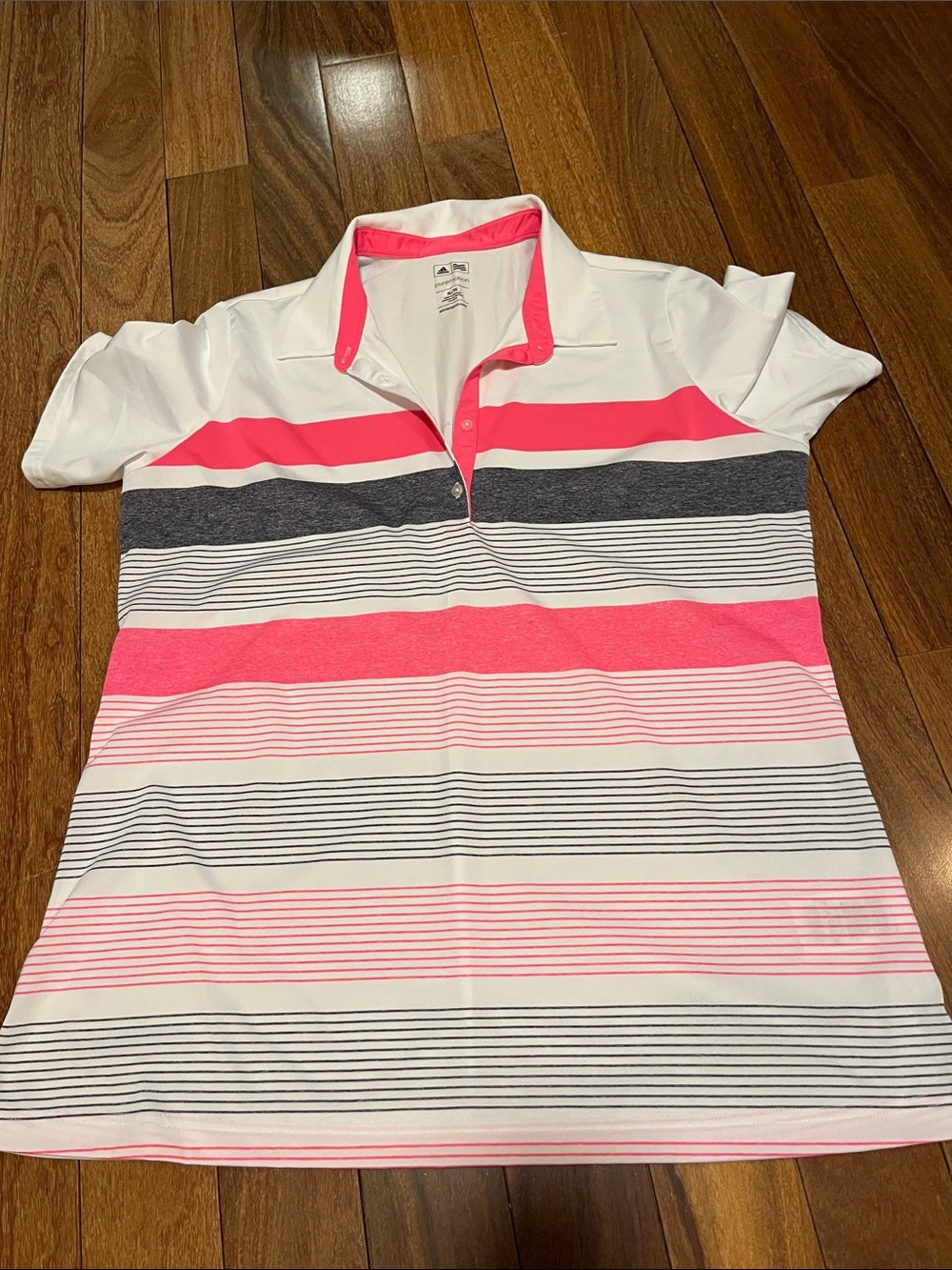 adidas White Pink Gray Striped Polo Top